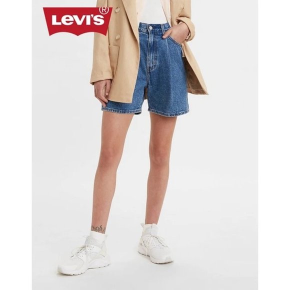 Levi's Pleated Ribcage Denim Shorts Ultra High Rise Waisted Preppy Now And Then - Picture 4 of 15